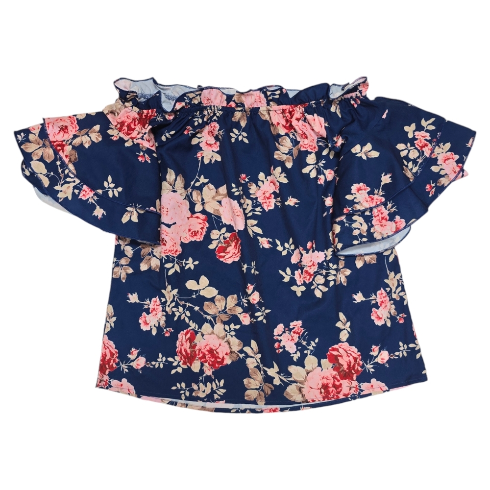 Blue Floral Off-the-Shoulder Top - Size Medium Flowers Blouse Shirt